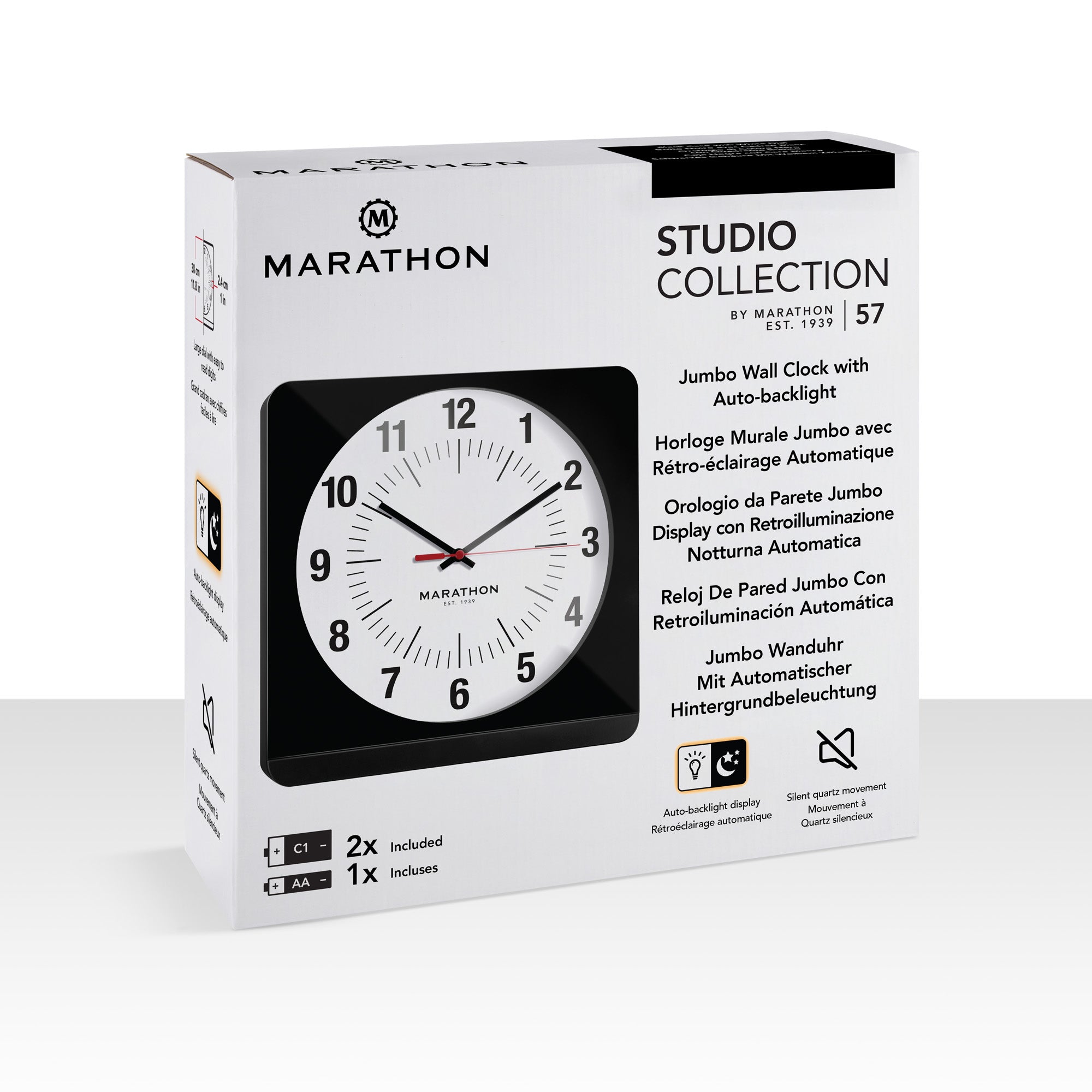 Studio Edition Jumbo 12 Inch Analog Wall Clock with Auto Backlight - Black
