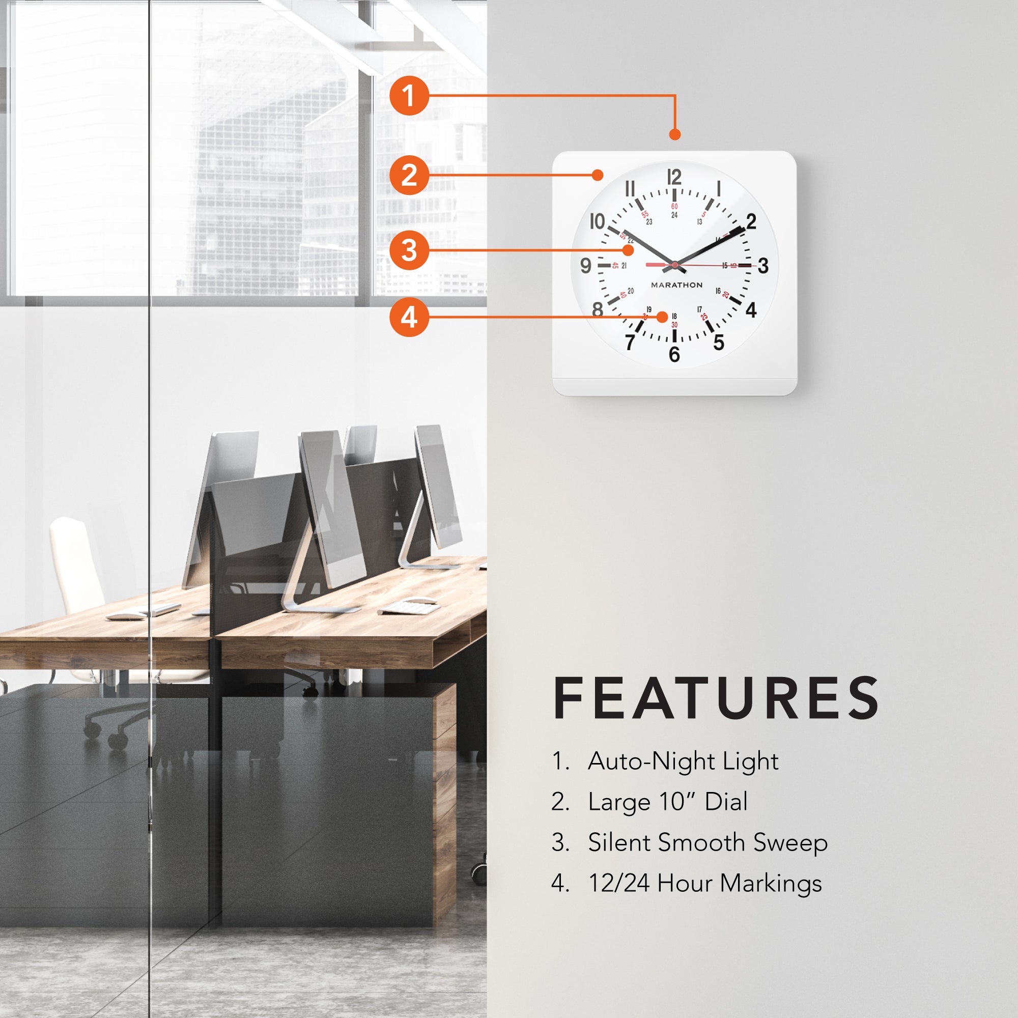 Jumbo 12 Inch Analog Wall Clock with Auto Backlight - White Case/White Dial