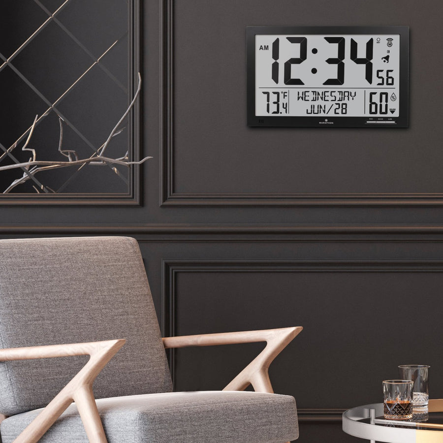 Slim Jumbo Atomic Wall Clock Full Calendar Display with Indoor Tempera