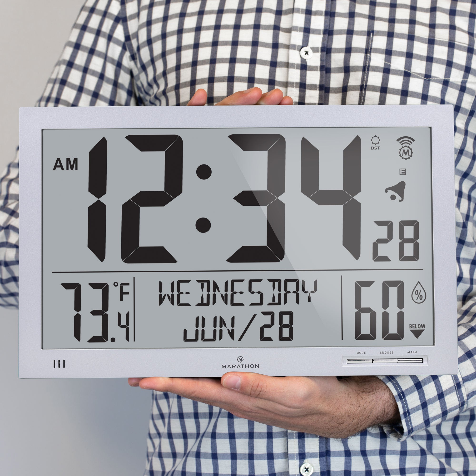 Slim Jumbo Atomic Wall Clock Full Calendar Display with Indoor Tempera