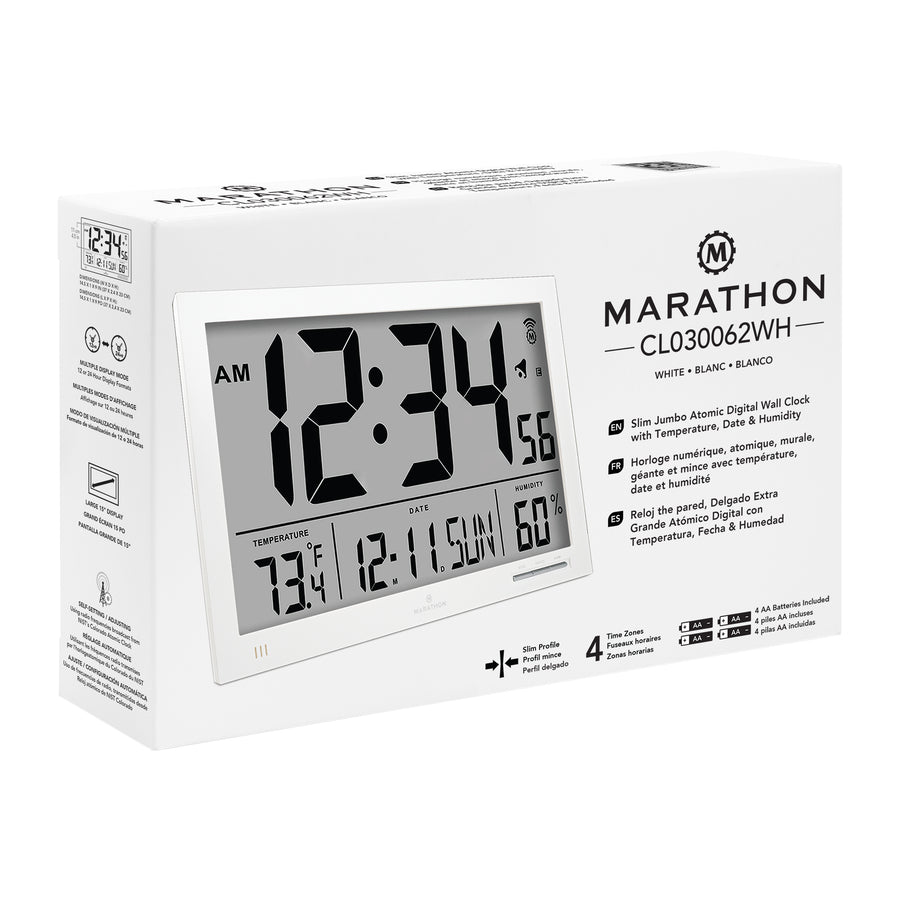 Horloge murale atomique Slim Jumbo avec température intérieure & humidité