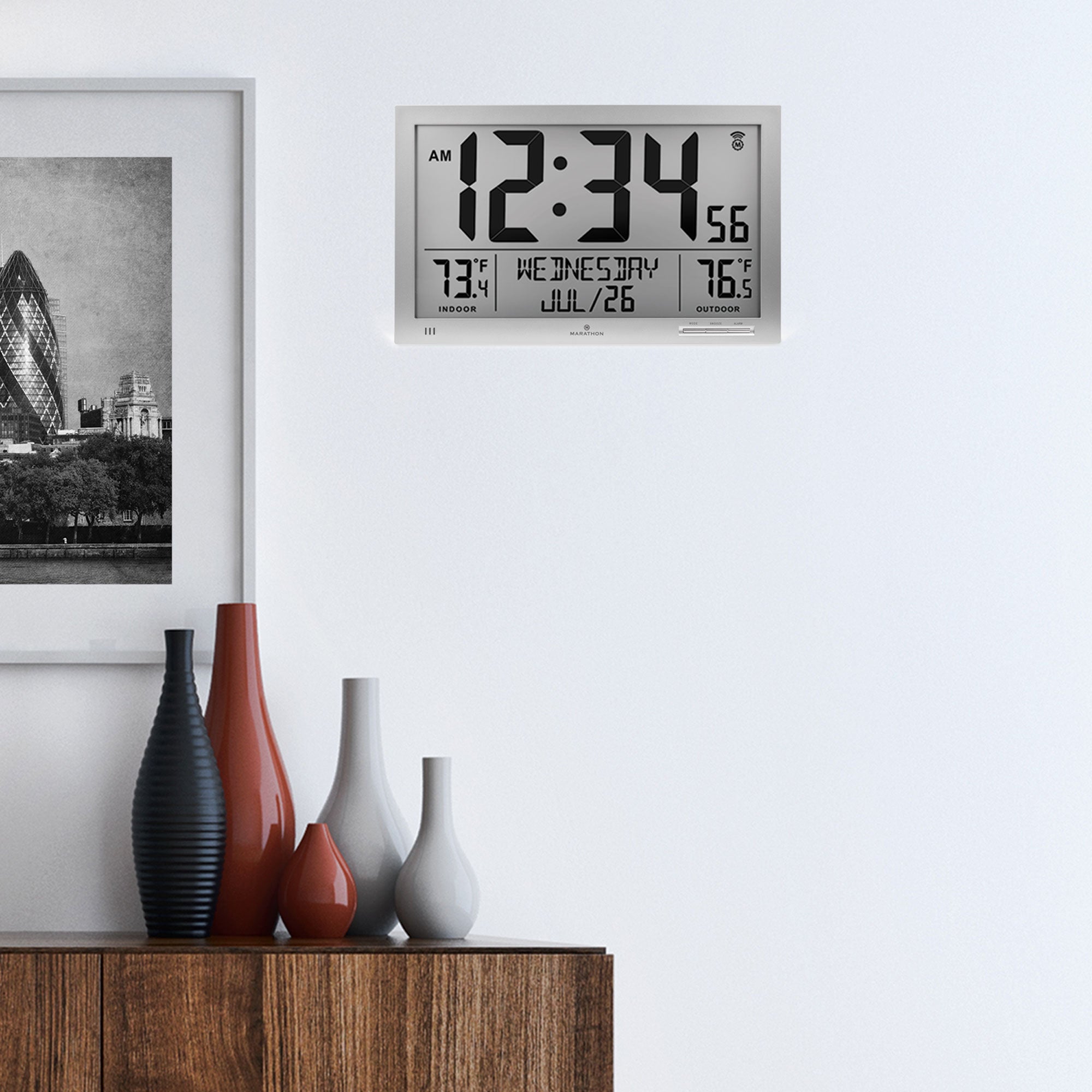 Self-Setting Full Calendar Clock with Extra Large Digits Indoor and Outdoor Temperature - Graphite Grey image