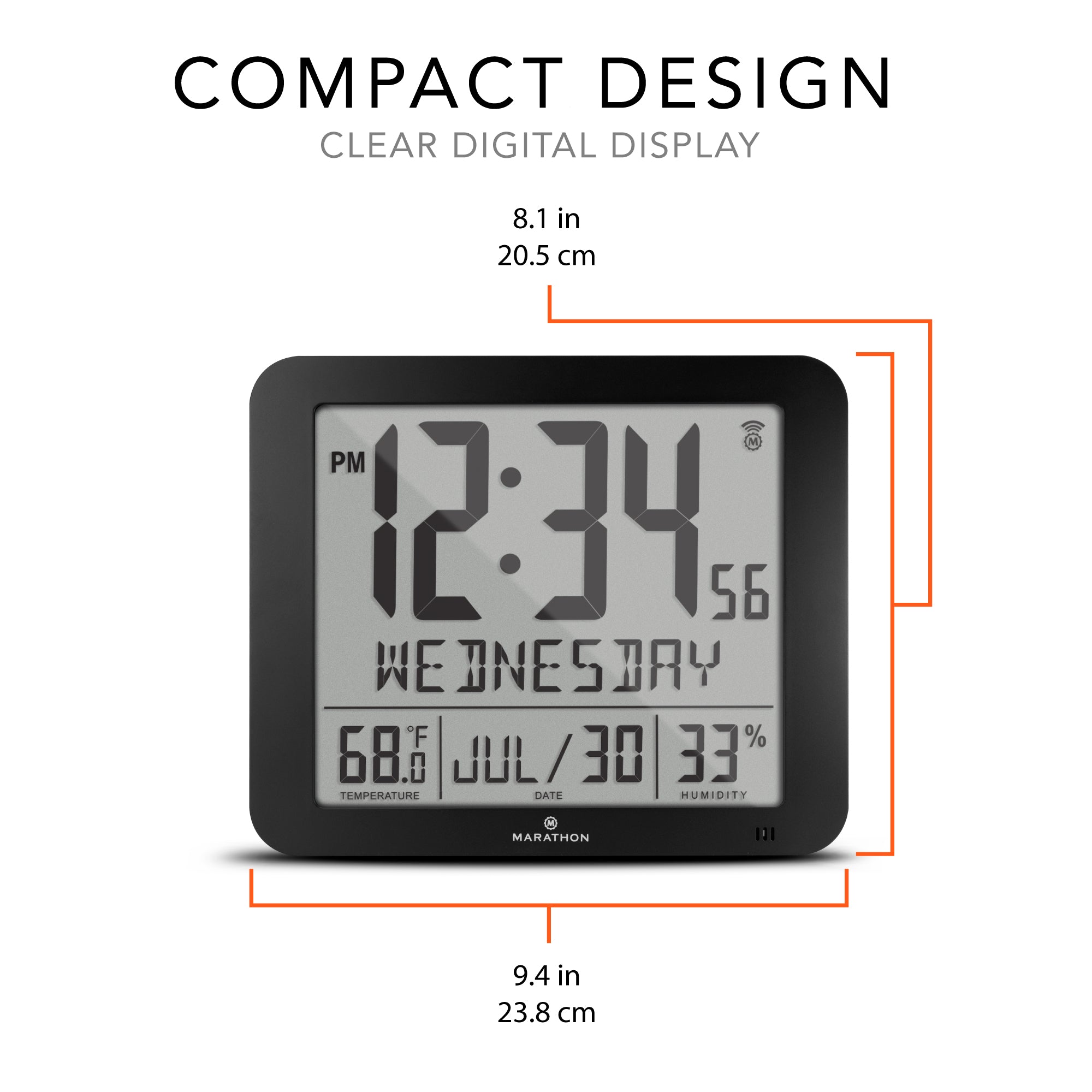 Slim Self-Setting Wall Clock with Full Calendar Display, Temperature & Humidity