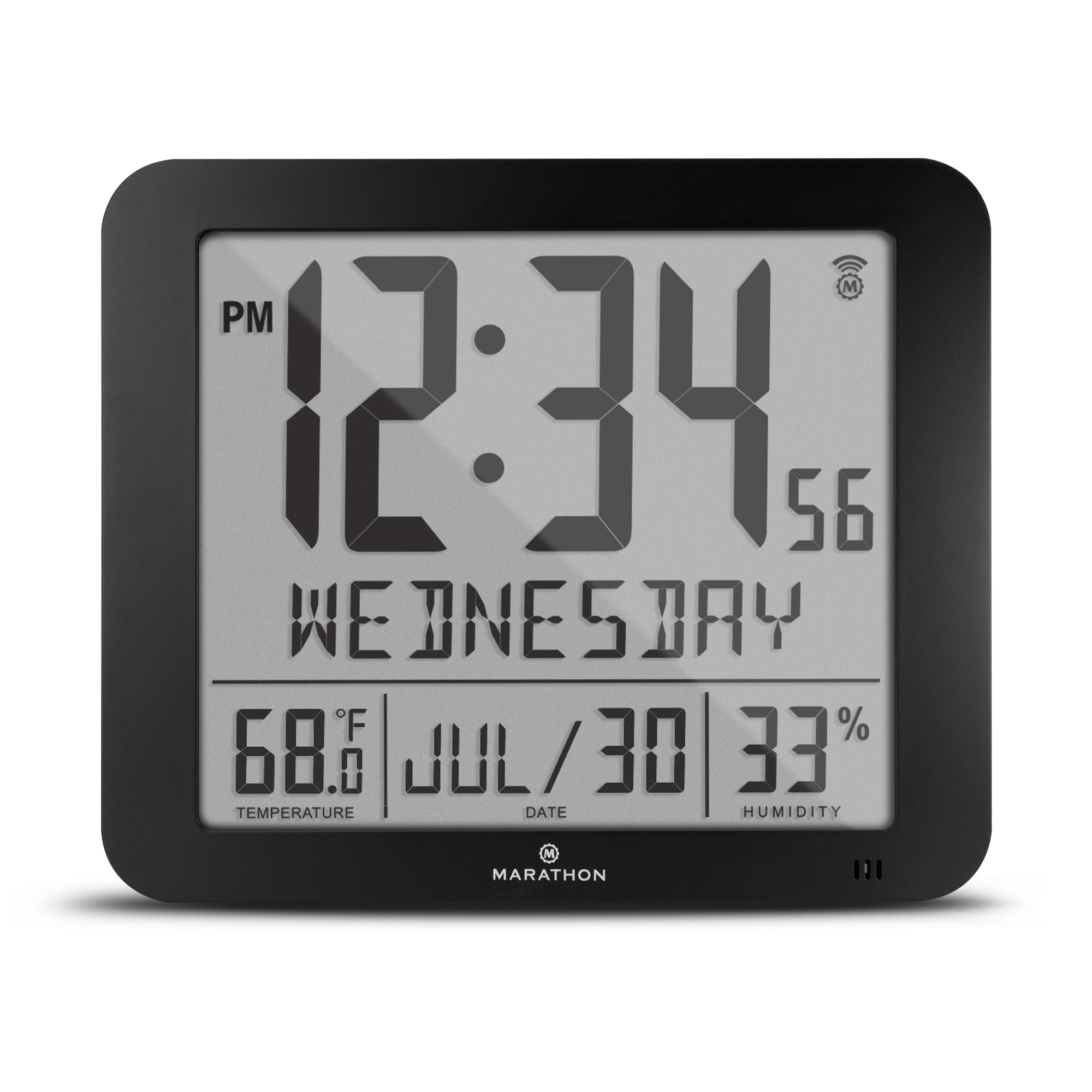 Slim Self-Setting Wall Clock with Full Calendar Display, Temperature & Humidity