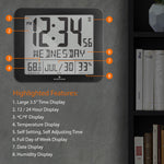 Slim Self-Setting Wall Clock with Full Calendar Display, Temperature & Humidity