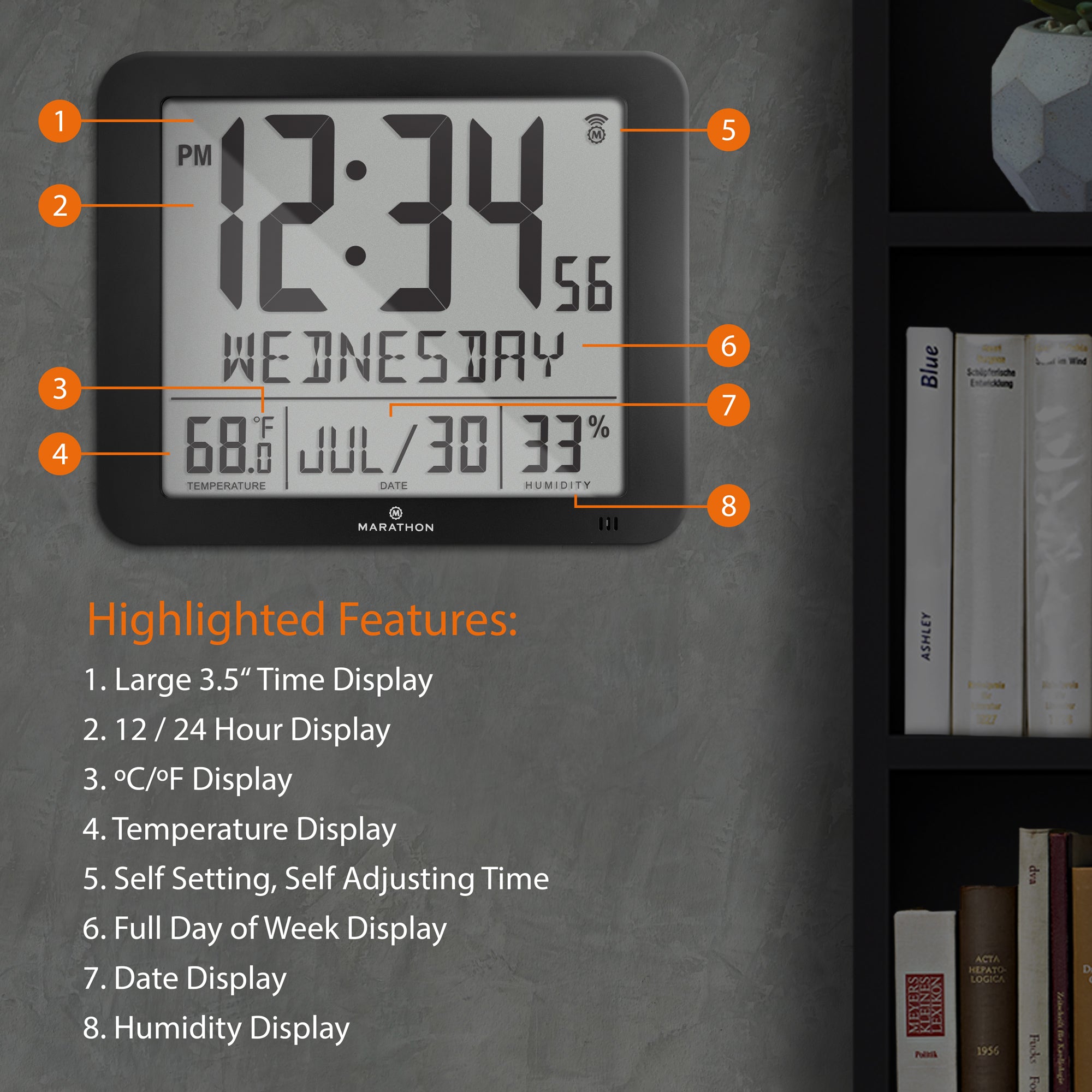 Slim Self-Setting Wall Clock with Full Calendar Display, Temperature & Humidity