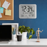 Slim Self-Setting Wall Clock with Full Calendar Display, Temperature & Humidity image