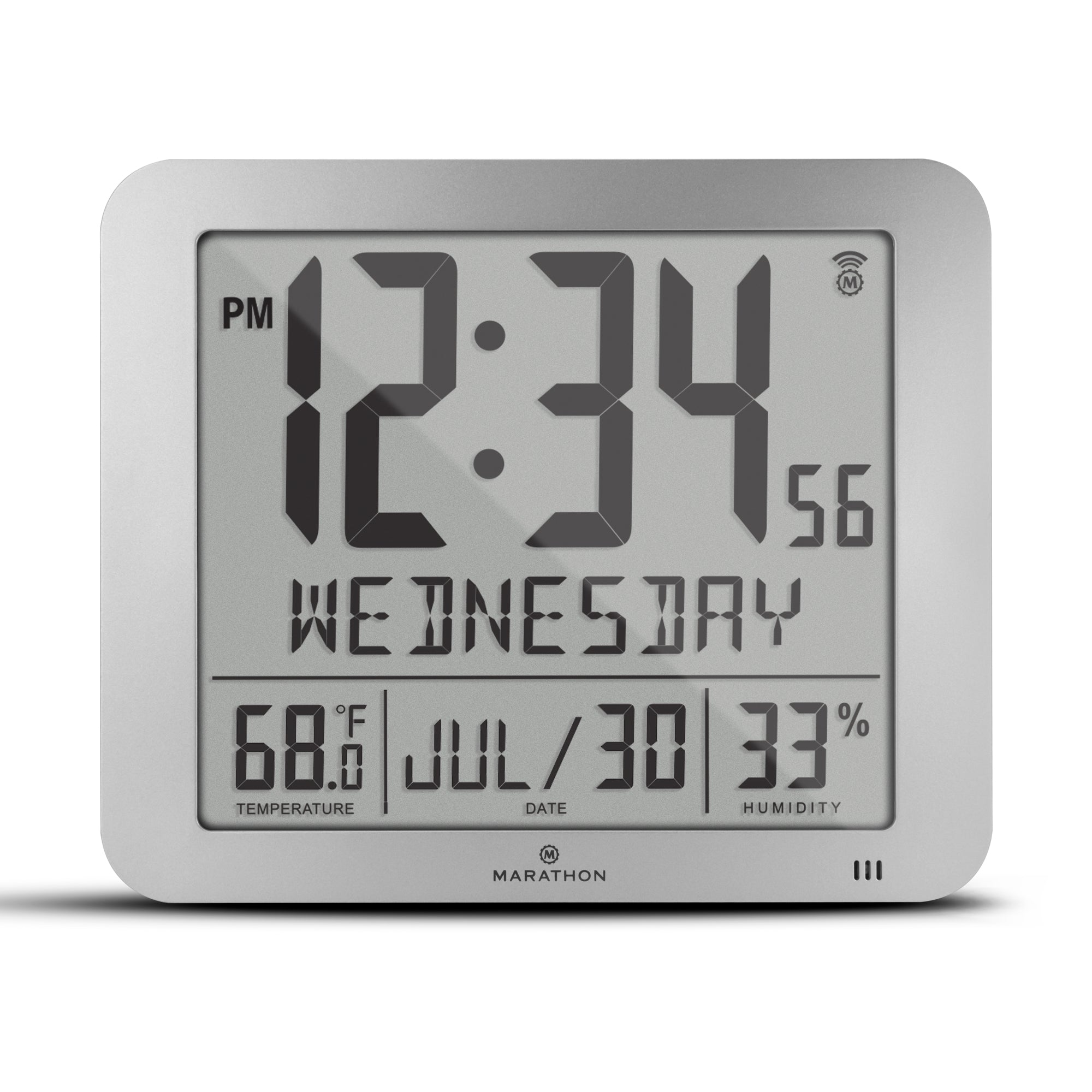 Slim Self-Setting Wall Clock with Full Calendar Display, Temperature & Humidity