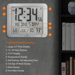 Slim Self-Setting Wall Clock with Full Calendar Display, Temperature & Humidity