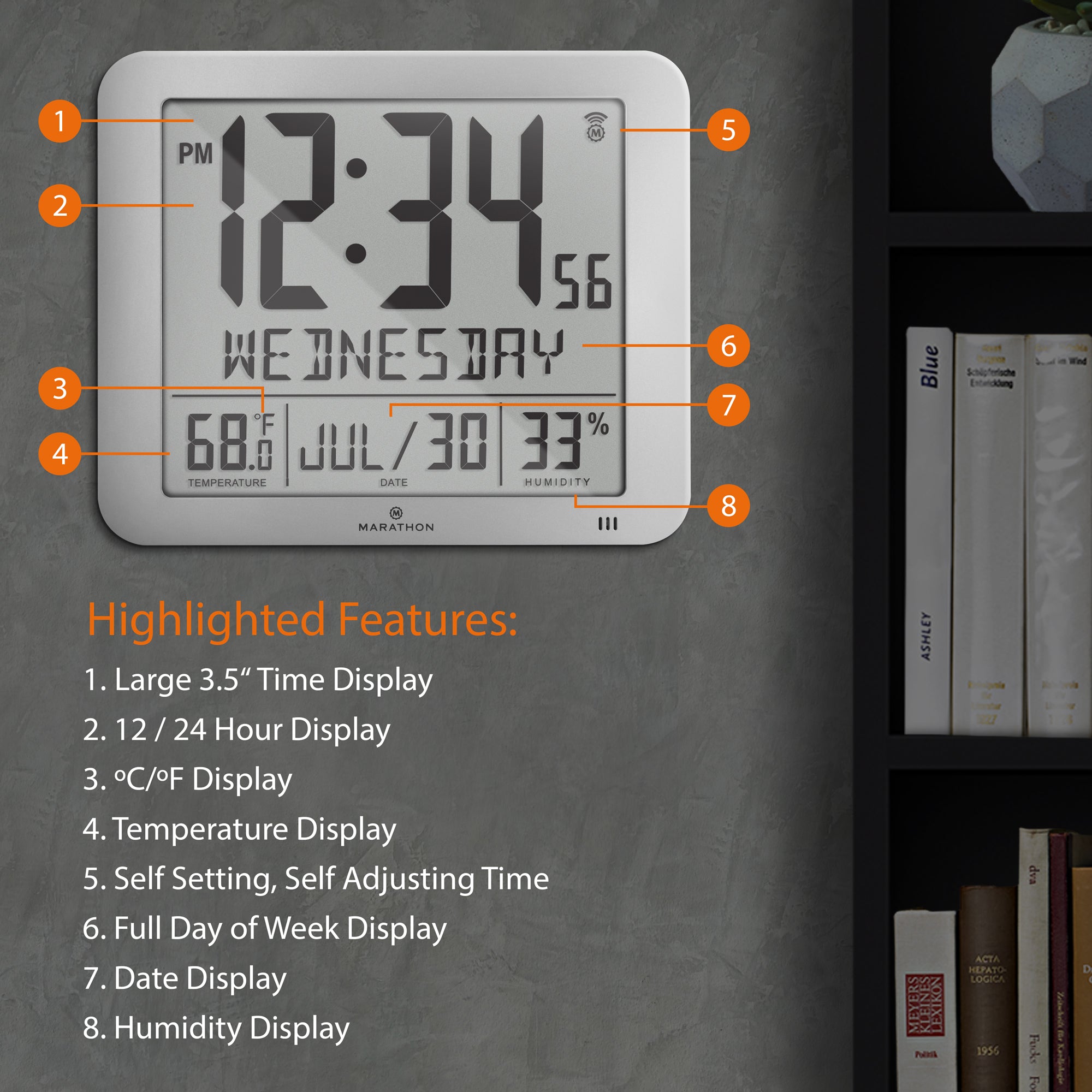 Slim Self-Setting Wall Clock with Full Calendar Display, Temperature & Humidity