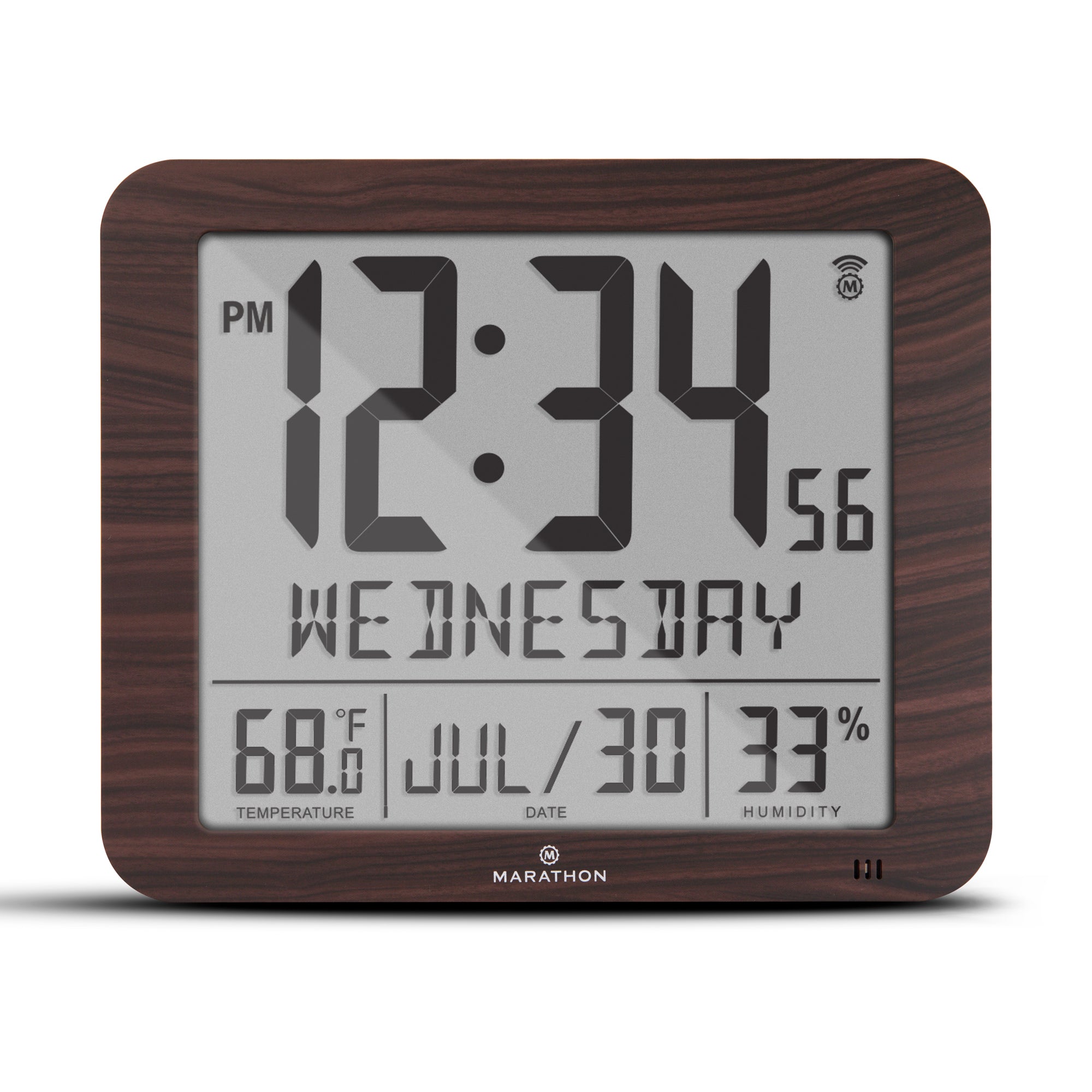 Slim Self-Setting Wall Clock with Full Calendar Display, Temperature & Humidity image