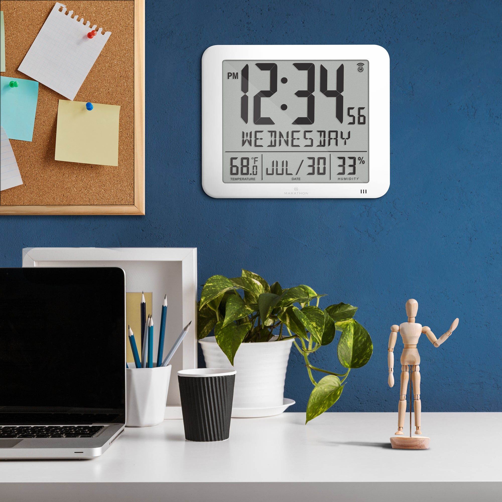 Slim Self-Setting Wall Clock with Full Calendar Display, Temperature & Humidity