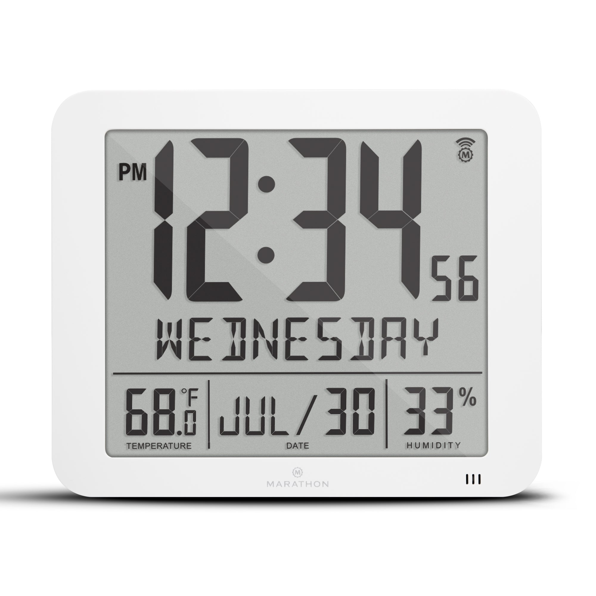 Slim Self-Setting Wall Clock with Full Calendar Display, Temperature & Humidity