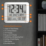 Slim Self-Setting Wall Clock with Full Calendar Display, Temperature & Humidity