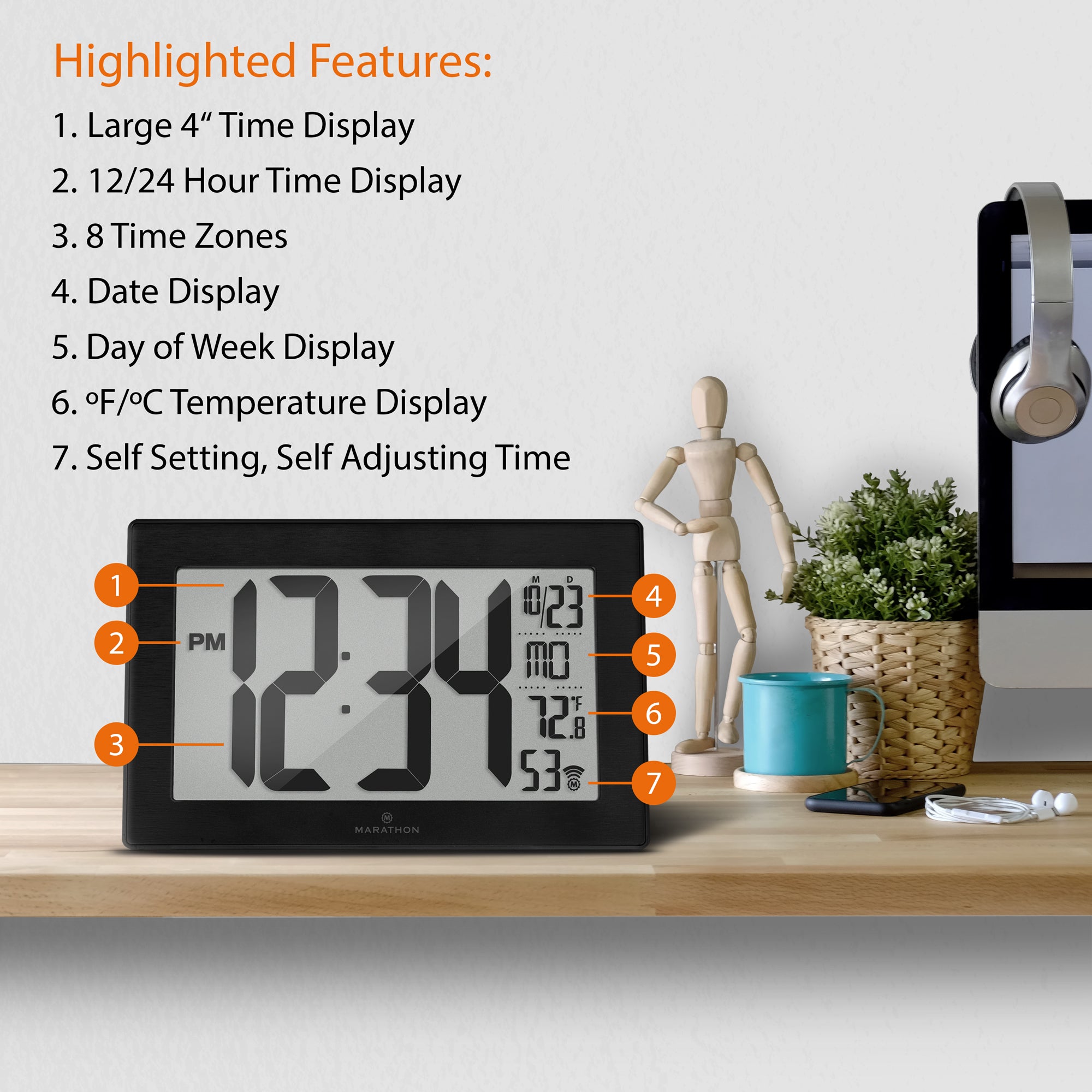Self-Setting, Self-Adjusting, Wall Clock w/ Stand & 8 Time Zones - Black/Black Stainless Steel image