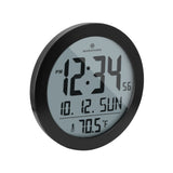 Round Digital Wall Clock with Date and Indoor Temperature. Foldout Table Stand - marathonwatch