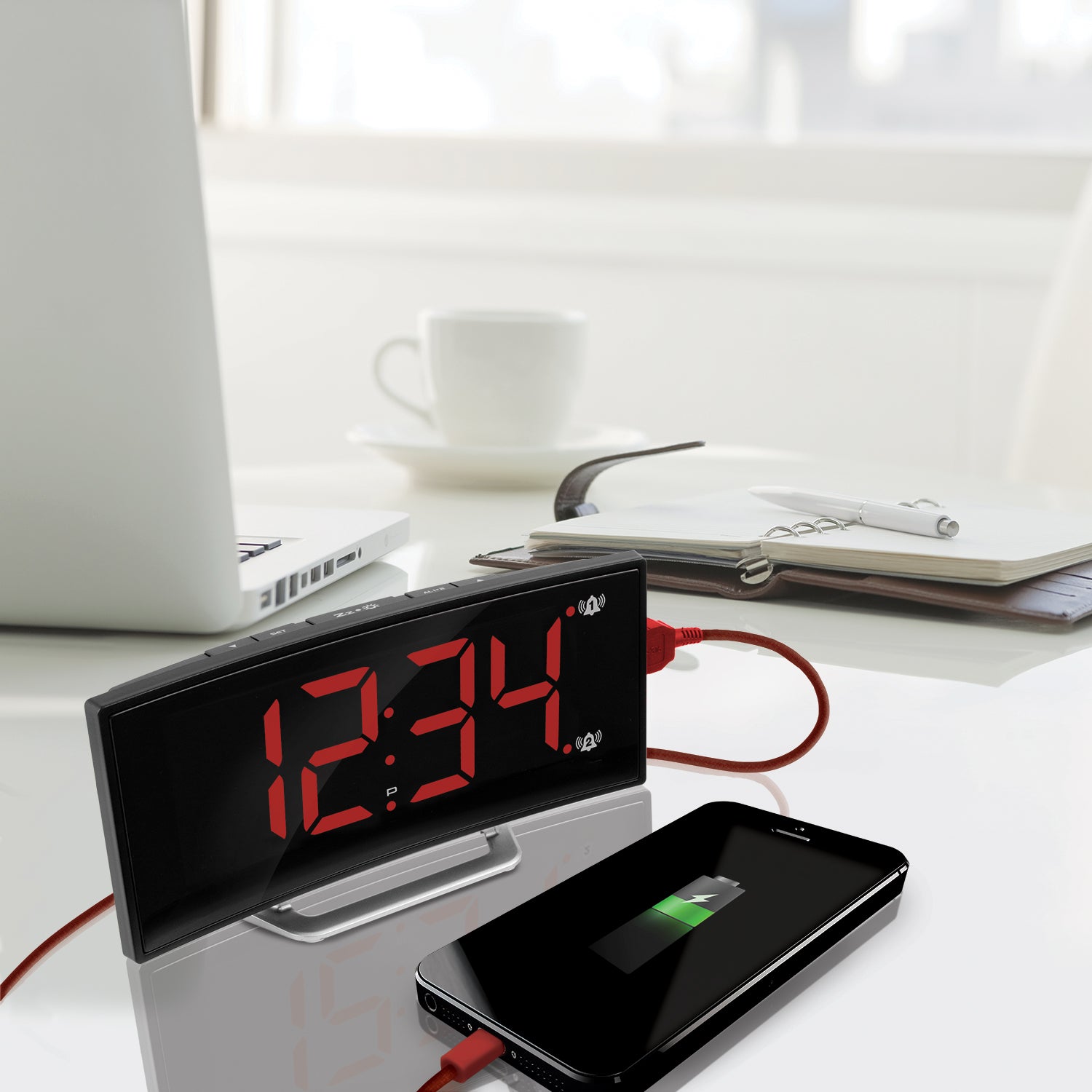 Curved Display LED Clock with Dual Alarm and USB Charging Port - marathonwatch