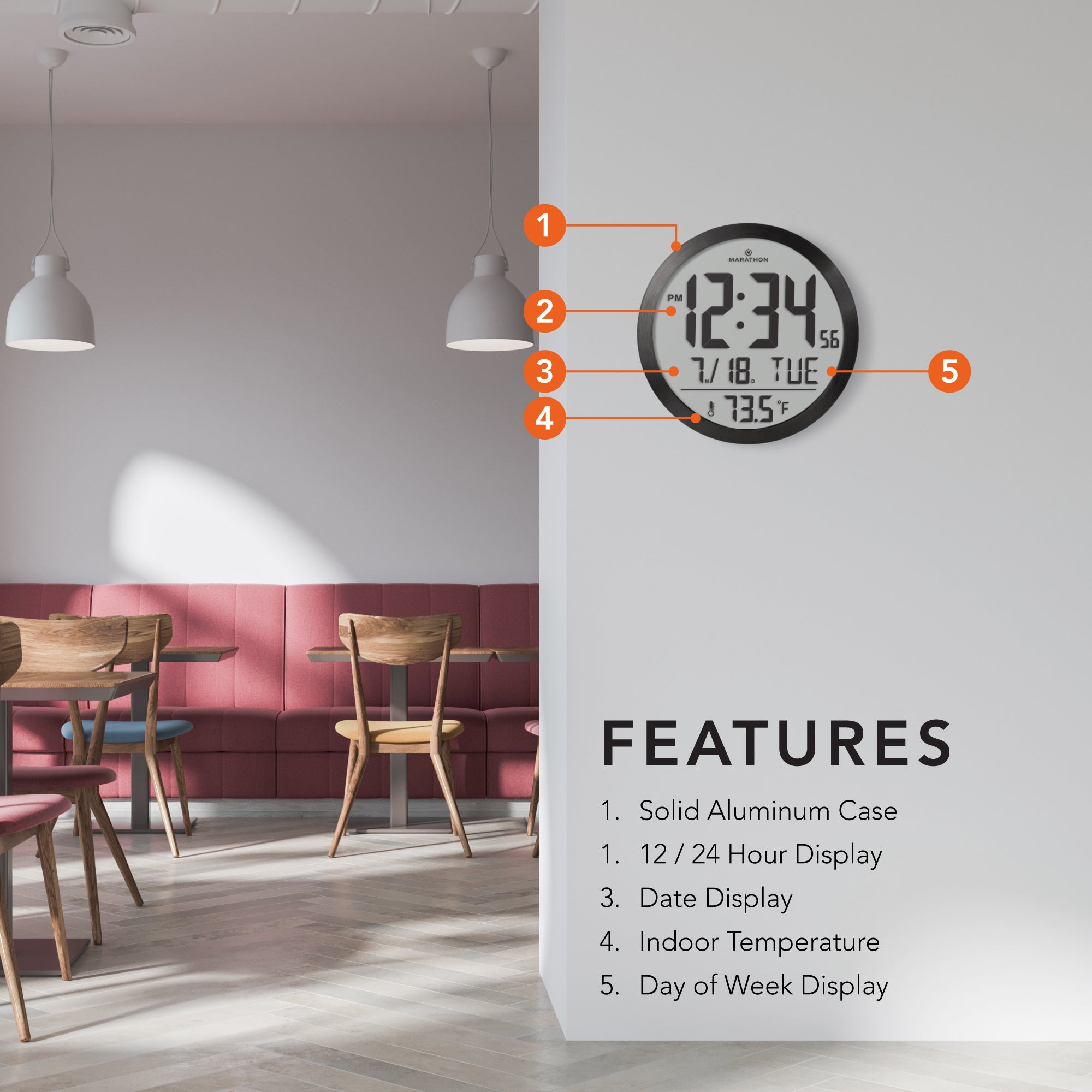 15 Inch Round Digital Wall Clock - Black