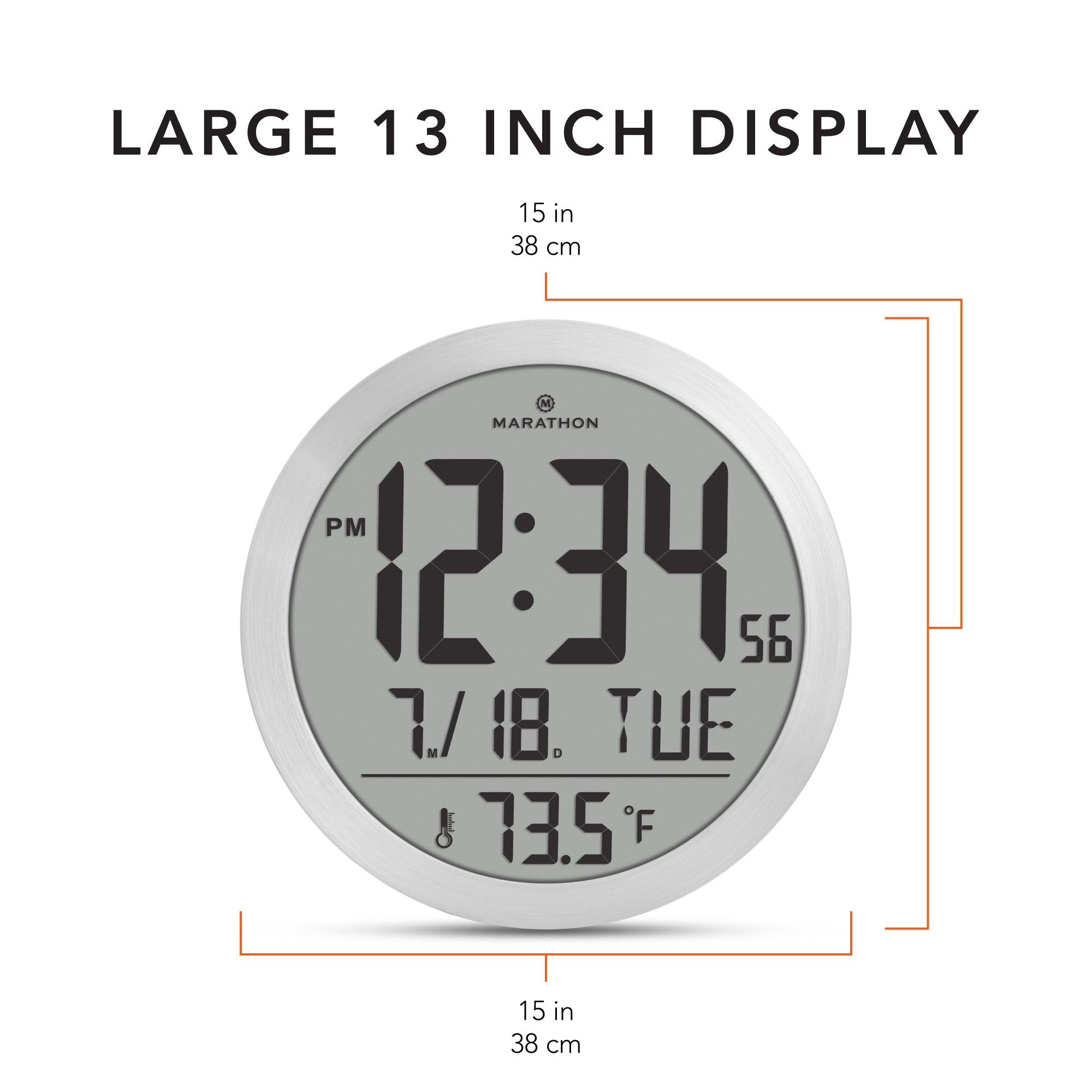 15 Inch Round Digital Wall Clock - Stainless Steel