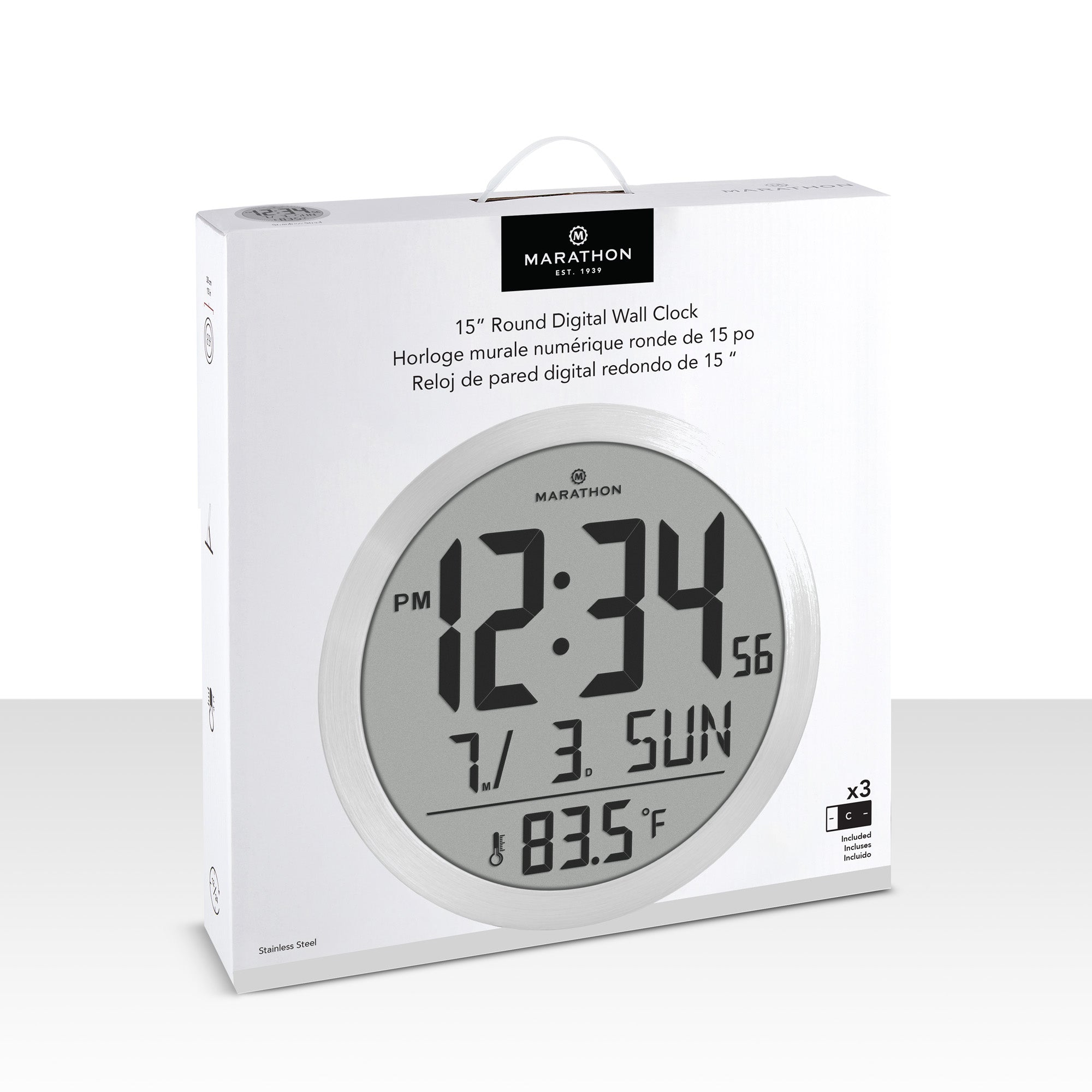 15 Inch Round Digital Wall Clock - Stainless Steel