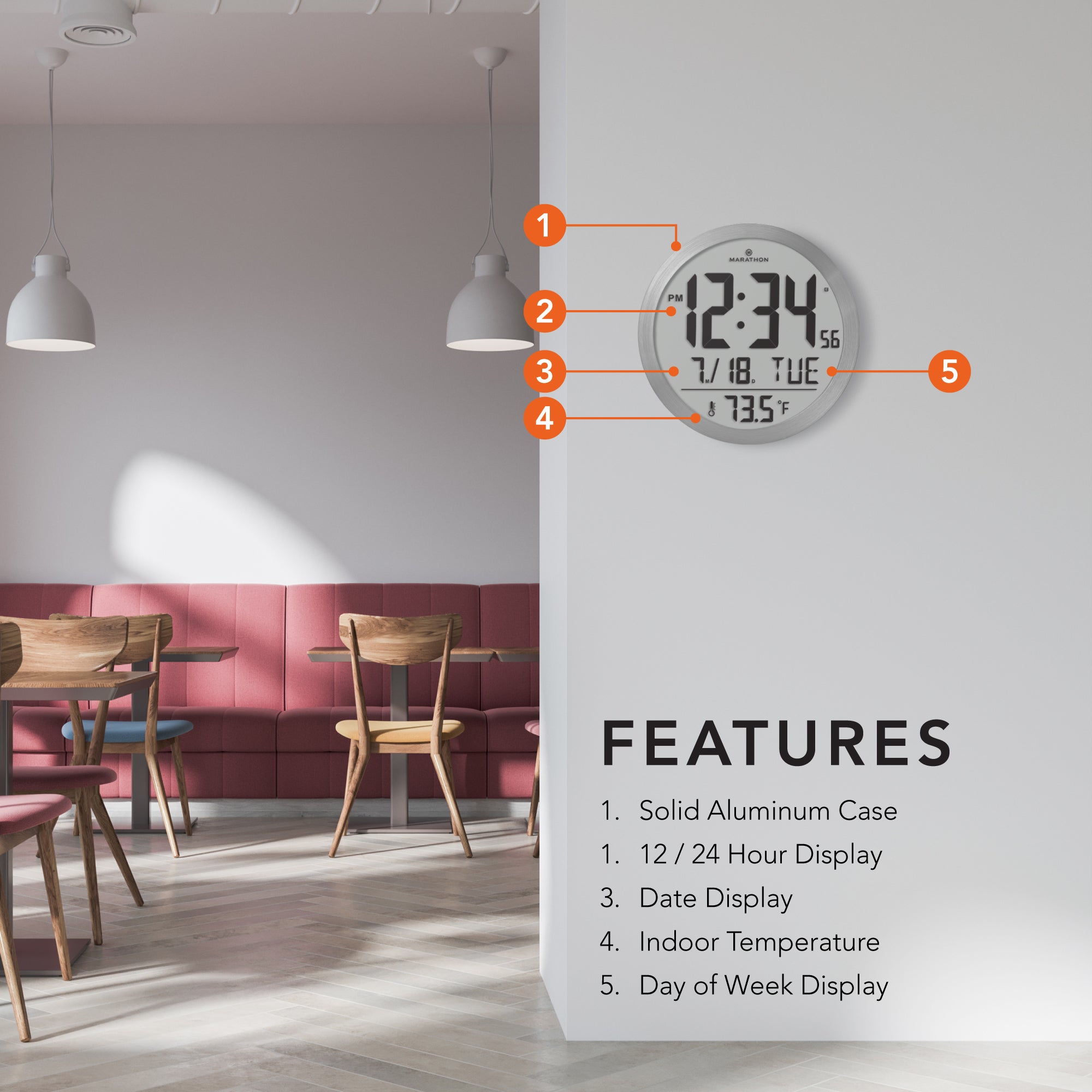 15 Inch Round Digital Wall Clock - Stainless Steel