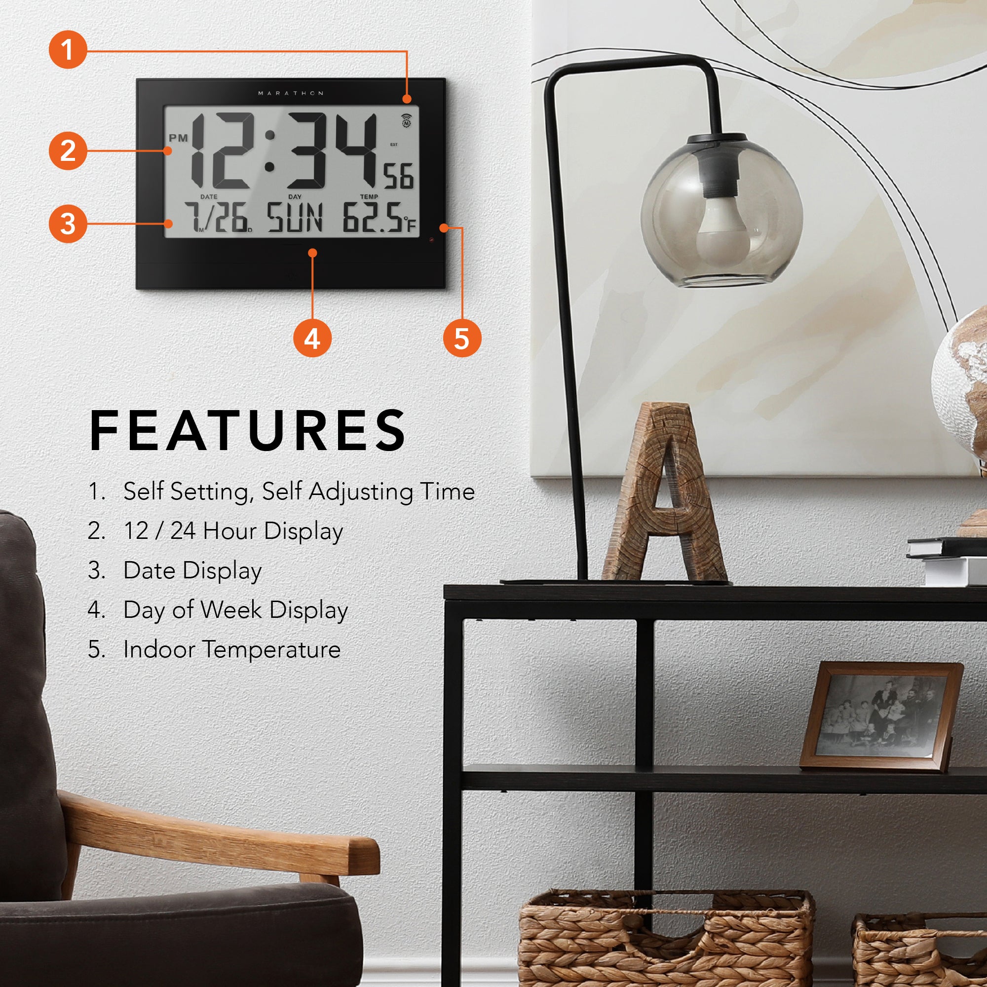 Self-Setting Clock with Auto Backlight and Power Adapter