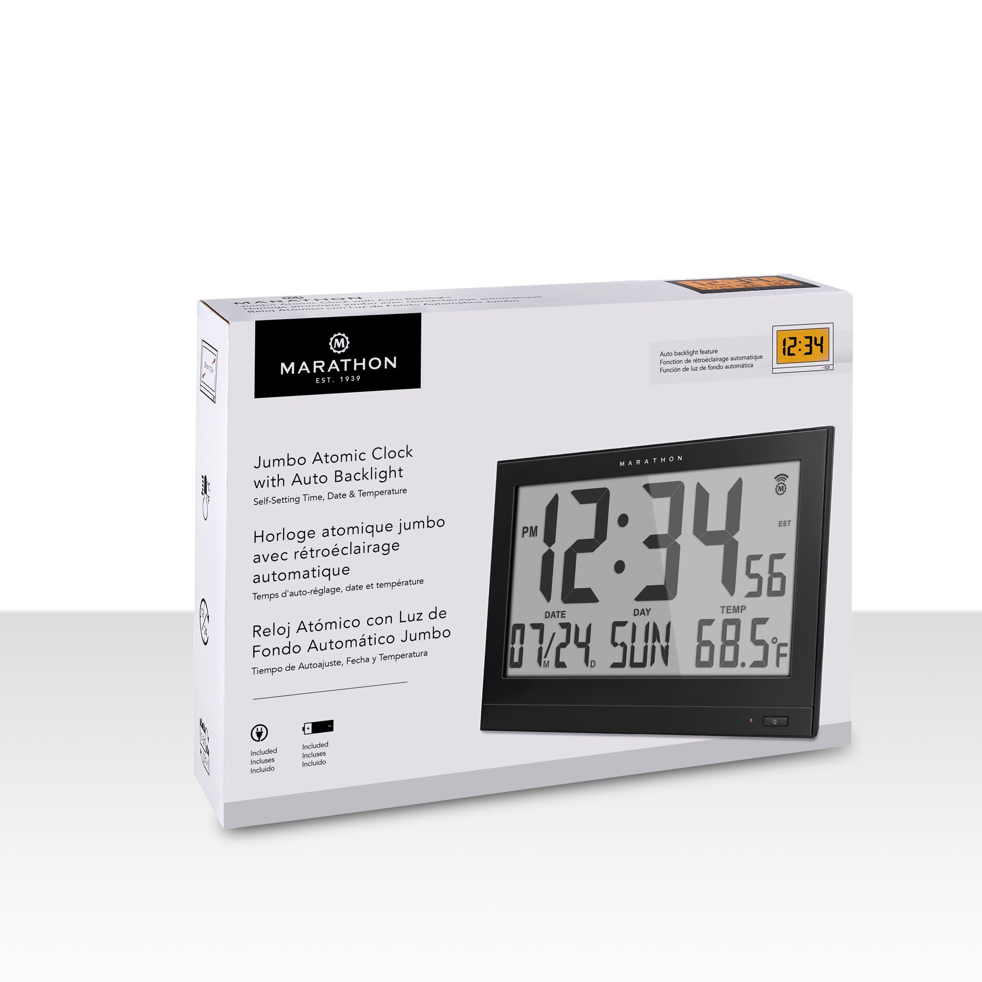 Jumbo Self-Setting Wall Clock with Auto Backlight and Power Adapter