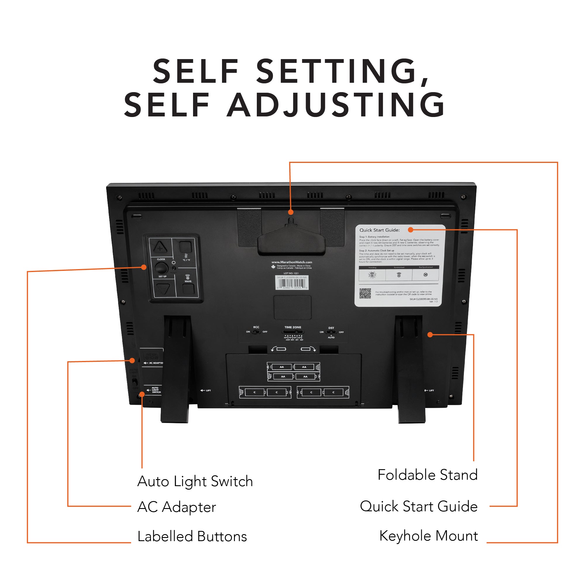 Jumbo Self-Setting Wall Clock with Auto Backlight and Power Adapter