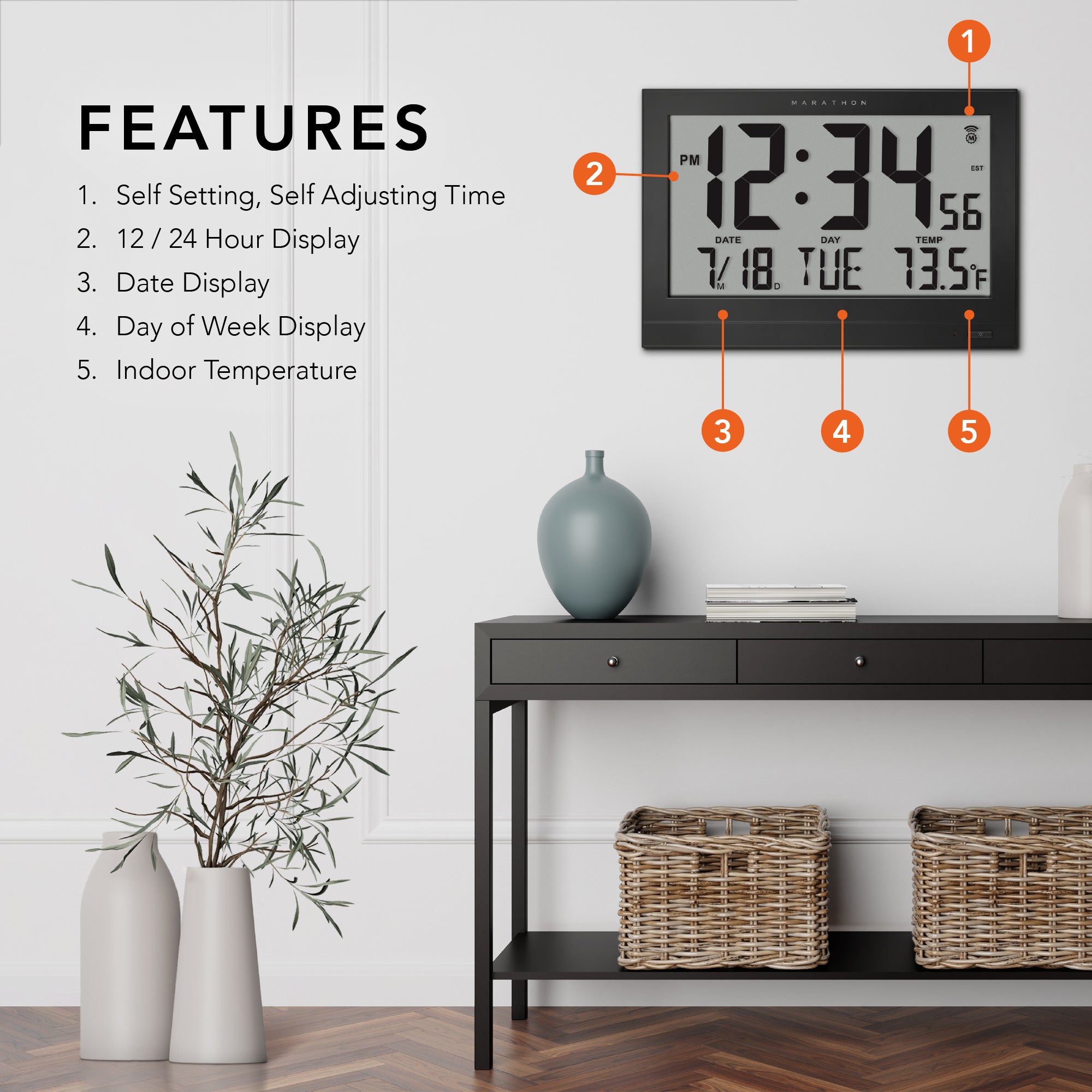 Jumbo Self-Setting Wall Clock with Auto Backlight and Power Adapter