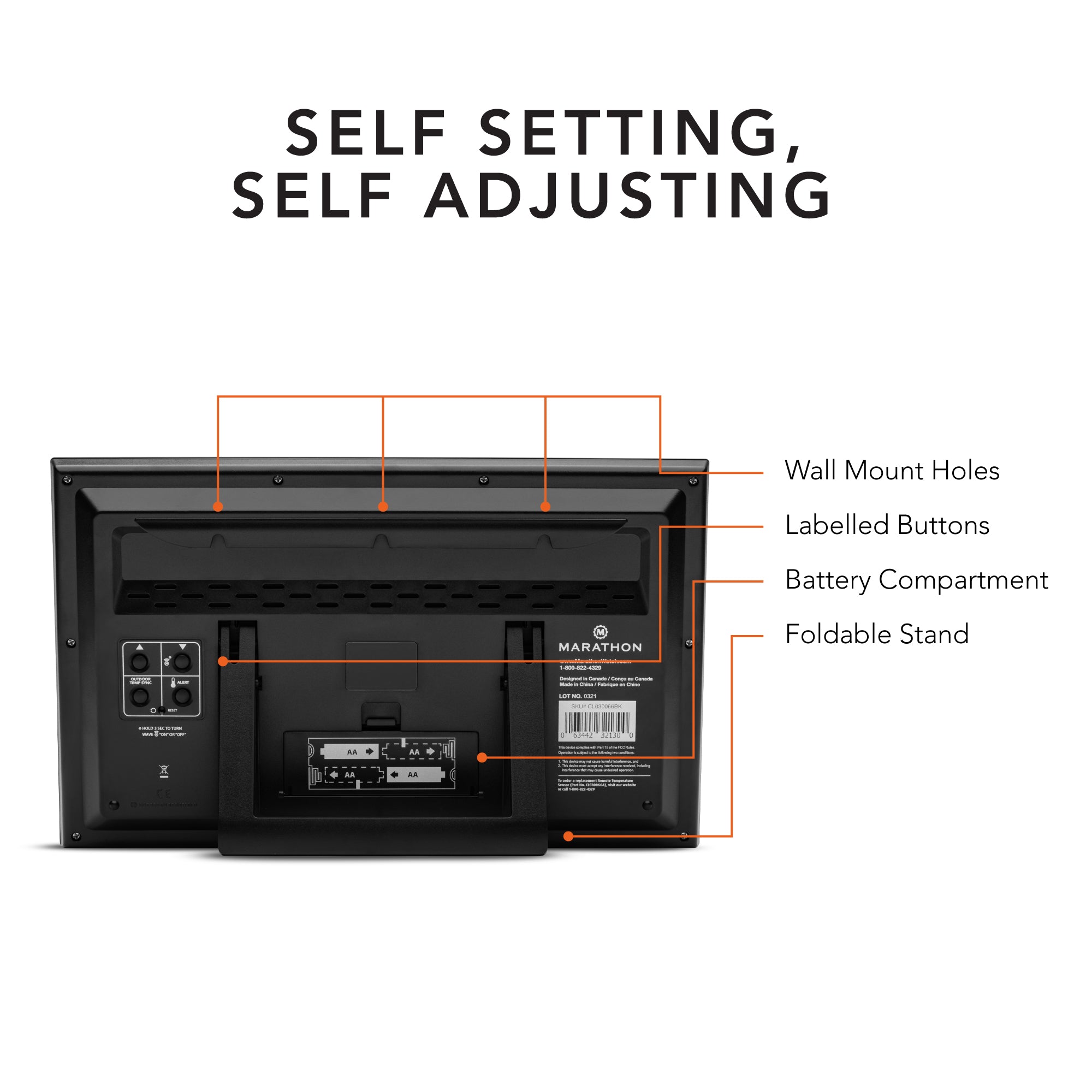 Self-Setting Full Calendar Clock with Extra Large Digits Indoor and Outdoor Temperature - Black