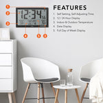 Self-Setting Full Calendar Clock with Extra Large Digits Indoor and Outdoor Temperature - Black