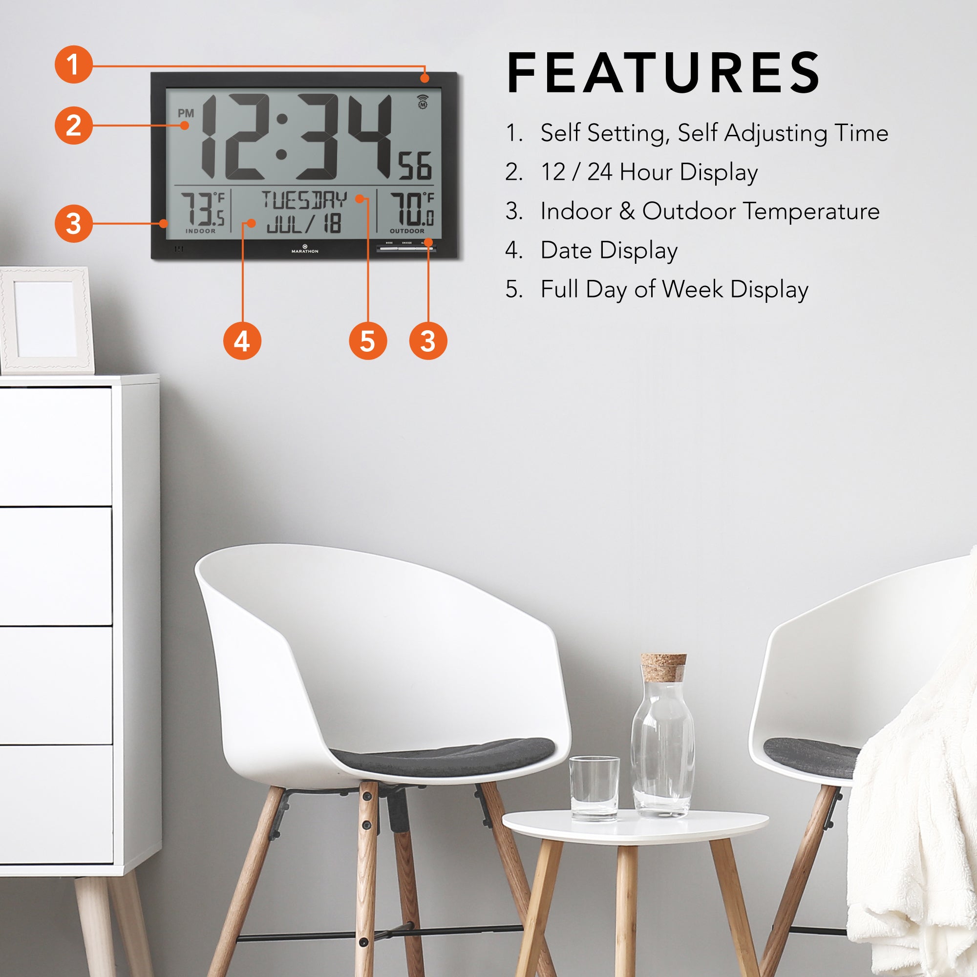 Self-Setting Full Calendar Clock with Extra Large Digits Indoor and Outdoor Temperature - Black